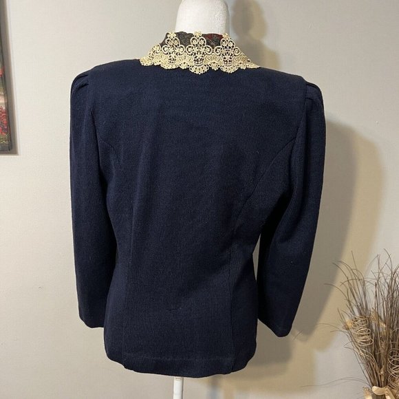 Vtg Jeffrey and Dara Women's Sz 9/10 Blue and Paisley Blazer Jacket Lace Collar - Picture 3 of 12